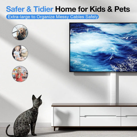 62.8 Inch Cable Hider Kit For Wall Mount TV Cables installed on wall behind TV, organizing wires in living room with cat watching