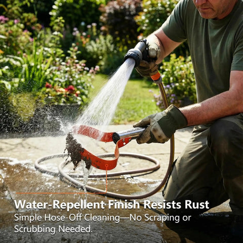 Man cleaning 63 Inch Stirrup Hoe Garden Tool With Adjustable Long Handle and 15 Degree Spring Steel Blade using a hose
