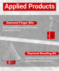 Applied products showing Diamond Finger Bits and Diamond Beveling Bit from Diamond Hole Saw Kit For Tile Granite Marble Ceramic 10 Piece Drill Bit Set With 6mm 8mm 10mm 25mm 35mm 50mm 65mm Bits Plus 2 Inch Diamond Beveling Chamfer Bit Five Eighth Inch Hex Shank Adapters And Three Eighth Inch Flat Head Milling Bit