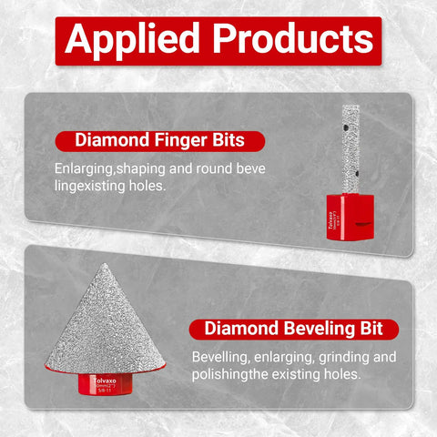 Applied products showing Diamond Finger Bits and Diamond Beveling Bit from Diamond Hole Saw Kit For Tile Granite Marble Ceramic 10 Piece Drill Bit Set With 6mm 8mm 10mm 25mm 35mm 50mm 65mm Bits Plus 2 Inch Diamond Beveling Chamfer Bit Five Eighth Inch Hex Shank Adapters And Three Eighth Inch Flat Head Milling Bit