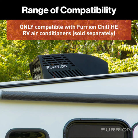 Chill HE RV Thermostat Single Zone Wall Control with backlit LCD, compatible with Furrion Chill HE AC, shown on RV roof.