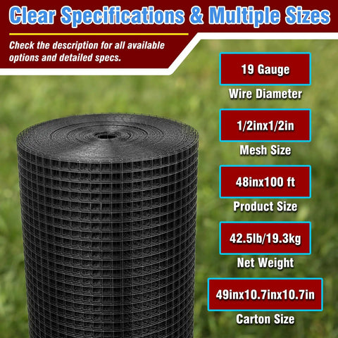 Heavy Duty Black Vinyl Coated Hardware Cloth 1/2 X 48 X 100 Foot 19 Gauge Welded Wire Fence Mesh rolled up in grass.