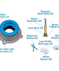 All In One Toilet Installation Kit With Perfect Seal Wax Ring And Zero Cut Bolts showing components labeled