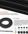 Eight Pass Aluminum Transmission Oil Cooler Kit with universal 5/16 inch lines, hose, mesh, and fittings shown.