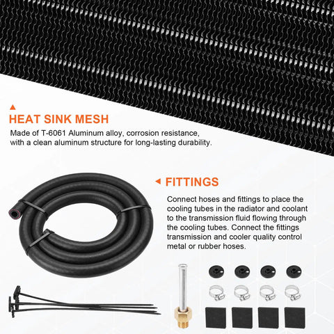 10 Pass Aluminum Transmission Oil Cooler Kit with fittings, hose, and heat sink mesh, black finish reduces wear and boosts efficiency