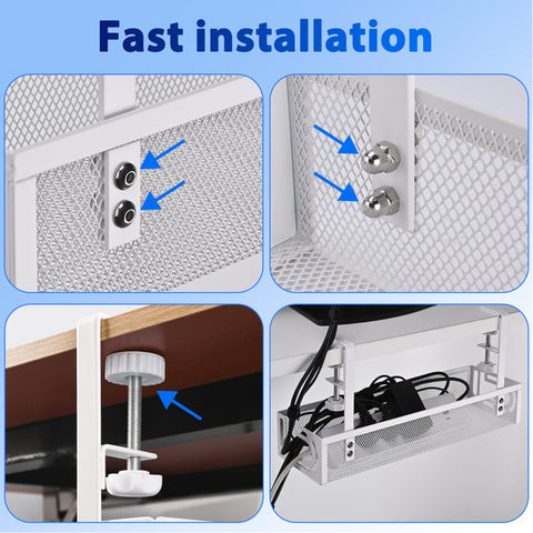 Under Desk Cable Management Tray Small Clamp-Mounted Wire Organizer Cord Holder installation details and clamp on desk