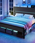 Queen Bed Frame With Smart App Controlled RGB LED Lights, Dual Wireless Charging Dock, Built In Storage Shelf, Modern Bedroom Furniture For A Clean Setup And Dope Vibe Upgrade in sleek black with a lighted headboard.