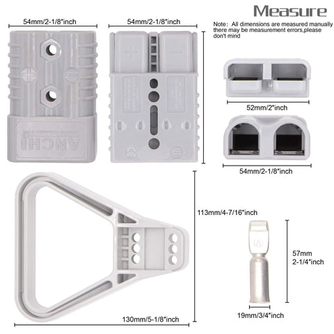 Detailed dimensions of Heavy Duty 175A 600V Battery Connector Quick Disconnect for AWG 1/0 to 2 Gauge parts and components.