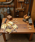 Miniature Door Hinges Set For Dollhouse 1/12 Scale With 4 Hinges And 16 Screws on wooden table with tools.