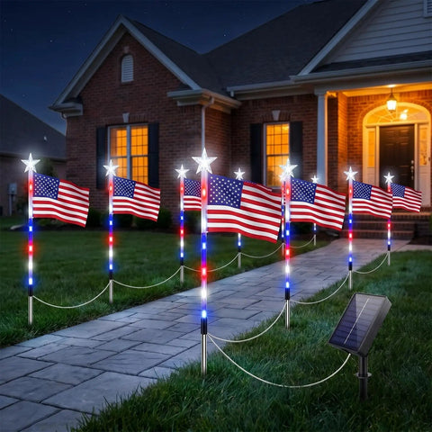 Lit Patriotic Solar Flag Lights For Outdoors, 8 Pack Pathway Stakes With 8 Modes, Waterproof 26.5 Inch American Flag Yard Lights For Garden And Patio, Independence Day Decor lighting a path at night