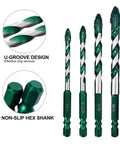 Front view of four FEWELL masonry drill bits with green coating, serrated tips and non-slip hex shanks.