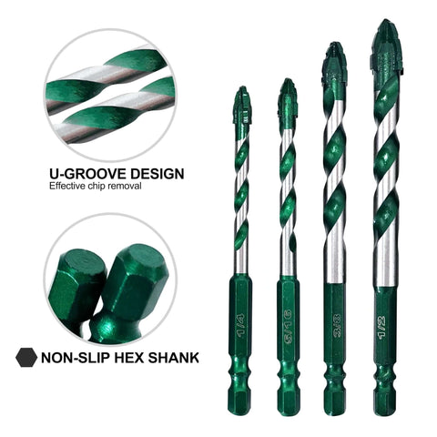 Front view of four FEWELL masonry drill bits with green coating, serrated tips and non-slip hex shanks.