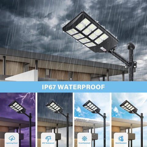 600W Solar Street Light With Motion Sensor Dusk To Dawn 6500K Daylight White Flood Lighting IP67 Waterproof Outdoor View