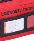Close-up of red Lockout Tagout Kit Bag For Loto Devices with visible display for indoor and outdoor lockout procedures.