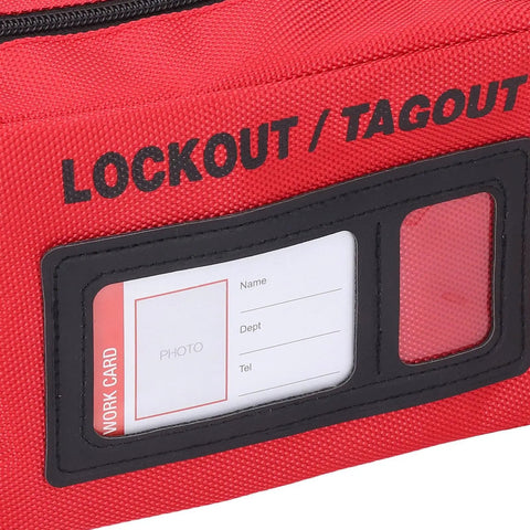 Close-up of red Lockout Tagout Kit Bag For Loto Devices with visible display for indoor and outdoor lockout procedures.
