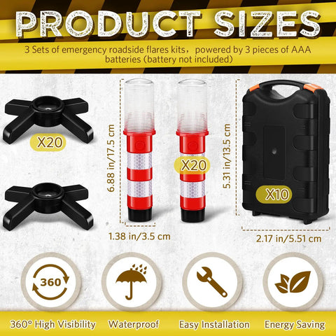 Product sizes of the 6 Piece Emergency Roadside Flares Kit With LED Safety Strobe Lights Bright Red Beacon Magnetic Base Detachable Stand