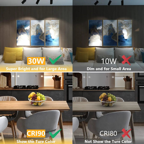Comparison of living room and kitchen lighting using 3 Color Selectable 30W H Track Lighting Heads Pack Of 4 versus dimmer lights.