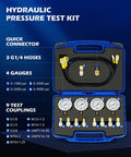 Heavy Duty Hydraulic Pressure Test Kit With Four Gauges 1300 3500 5500 9000 PSI Nine Test Couplings Quick Connector Three Hoses Pro