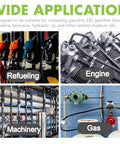 Collage showing applications of Beefed Up Five Sixteenth Inch ID Fuel Line Hose For engines, refueling, machinery, gas systems.