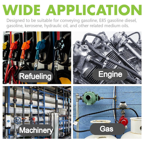 Collage showing applications of Beefed Up Five Sixteenth Inch ID Fuel Line Hose For engines, refueling, machinery, gas systems.