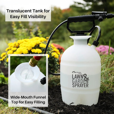 One Gallon Lawn And Garden Sprayer With Translucent Tank Easy Refill Funnel Top Adjustable Poly Cone Nozzle in garden setting