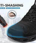Lightweight Steel Toe Work Shoes For Men, Safety Sneakers Built To Handle The Grind With Cushioned EVA High Rebound Sole, Rugged Toe Protection, ASTM F2413 Certified, All Day Comfort, Colorful Design, Breathable And Durable showing rugged toe protection from hammer impact, illustrating ASTM certified safety.