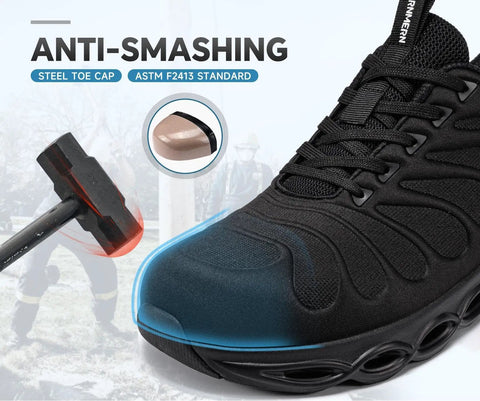 Lightweight Steel Toe Work Shoes For Men, Safety Sneakers Built To Handle The Grind With Cushioned EVA High Rebound Sole, Rugged Toe Protection, ASTM F2413 Certified, All Day Comfort, Colorful Design, Breathable And Durable showing rugged toe protection from hammer impact, illustrating ASTM certified safety.