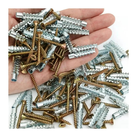 Heavy Duty Hollow Wall Anchor Kit Rock Solid Expansion Bolts for Drywall and Plaster in a hand, featuring mixed metal screws and anchors.