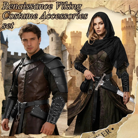 Epic 8 Piece Renaissance Medieval Costume Accessories Set For Men Featuring Leather Shoulder Armor and Wrist Guards