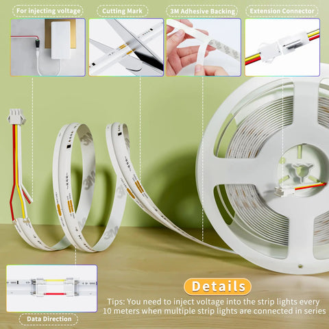 Dotless RGB LED Strip Lights With Smart IC Addressable COB Tape 16.4ft, showing cutting marks, adhesive backing, connectors.