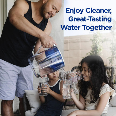 Water pitcher (blue) being poured into two glasses for kids by a man in a home setting.
