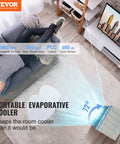 Evaporative Air Cooler 1400 CFM 11 X 31 Inch Portable Swamp Cooler in living room showing airflow direction and coverage.