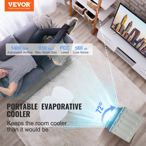 Evaporative Air Cooler 1400 CFM 11 X 31 Inch Portable Swamp Cooler in living room showing airflow direction and coverage.