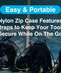 Deluxe Pro Grade Scuba Diving Tool Kit With Nylon Zip Case for gear maintenance shown with diving equipment in background.