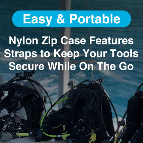 Deluxe Pro Grade Scuba Diving Tool Kit With Nylon Zip Case for gear maintenance shown with diving equipment in background.