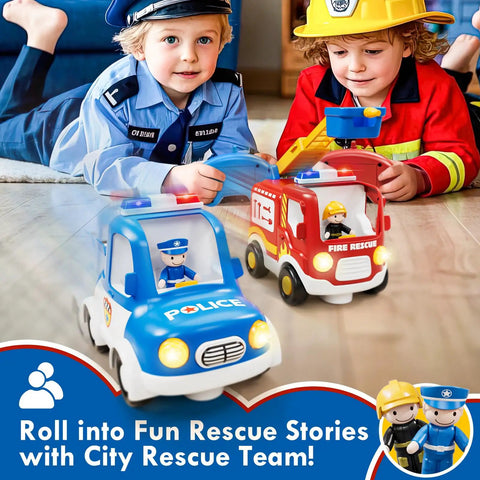 Children playing with Rescue Ready Remote Control Fire Truck And Police Car Set For Toddlers And Kids 3 4 5 Years Old With Lights And Sounds