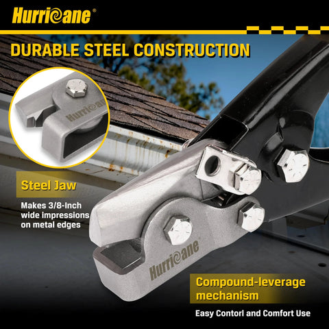Hurricane Snap Lock Punch Tool with steel jaw for 3/8-inch gutter end-cap impressions, side view