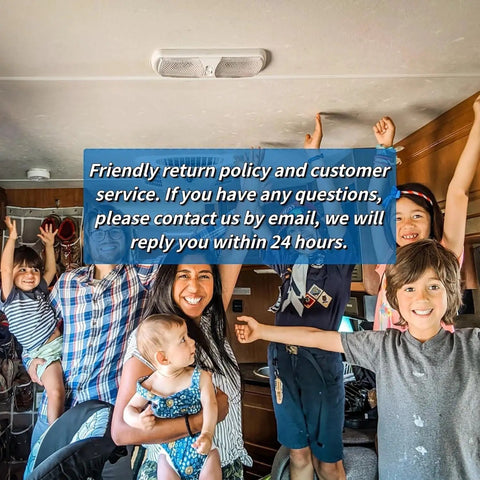 Family inside RV with friendly return policy text overlay, related to RV Slide Out Roller Replacement 276288 Solid Steel Plate J 36 Service Roller Fits Lippert Slide Out Systems 2 Pack Misalignment Fix For Campers And Travel Trailers Easy Install