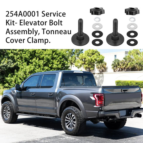 Tough As Nails Tonneau Cover Clamp Service Kit With Smooth Glide Elevator Bolt Assembly and Slick Slider Knobs for Most Hard Folding Truck Bed Covers 2 Pack Easy Swap Hardware next to a grey pickup truck.