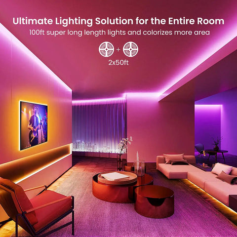 Vibrant room with 130 Ft Bluetooth LED Strip Lights For Bedroom With Music Sync, enhancing ambiance with color changing RGB lighting.