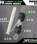 Heavy Duty 2000 Lb 50 Ft Reflective Rope Hoist Pulley Wheel Block And Tackle System with dimensions on display