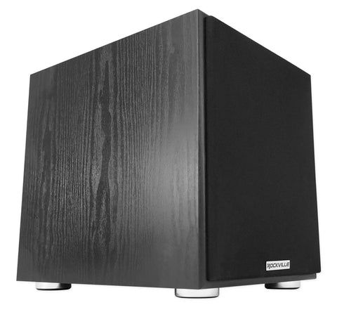 Shaker 8 Inch Powered Subwoofer with 400W Peak 200W RMS Class D Amplifier in MDF Cabinet, angled front view