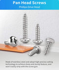 Stainless Steel Wood Screws Kit 500 Piece Assortment With 18 Common Sizes For Woodworking Including Phillips Pan Head Self Tapping Screws In 304 Grade For DIY Projects.