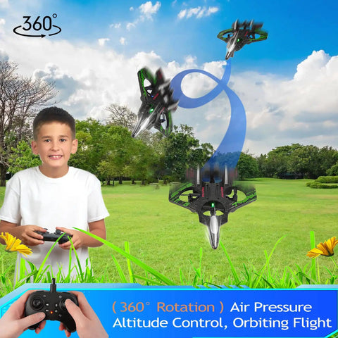 Child flying Dope Remote Control Drone For Kids 6 To 12 With Auto Hover And 360 Degree Flips in a green park
