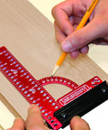 Hands using Pro Grade 6 Inch By 4 Inch Aluminum Framing Square With Removable Fence For Woodworking, marking angles on wood