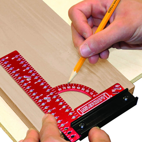 Hands using Pro Grade 6 Inch By 4 Inch Aluminum Framing Square With Removable Fence For Woodworking, marking angles on wood