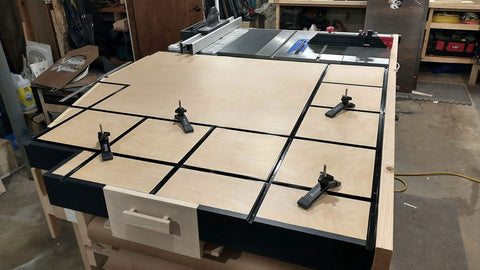 Pro Grade 48 Inch Universal T Track For Woodworking Double Cut Jig Profile With Predrilled Mounting Holes Anodized Aluminum T Track Set installed on workbench with clamps