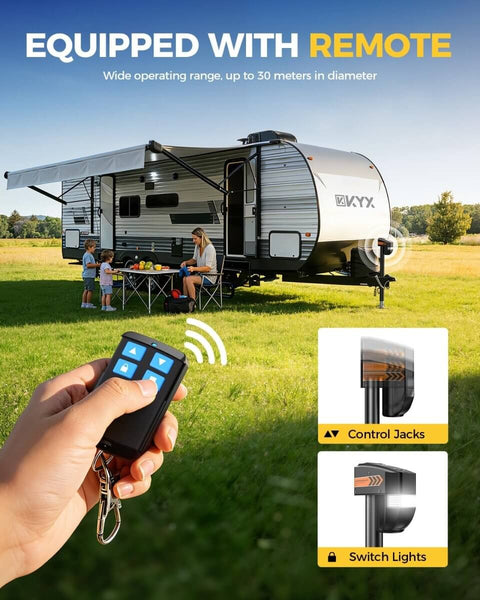 Beefy 7500Lb Electric RV Tongue Jack With Remote Control shown operating with remote near RV at campsite.