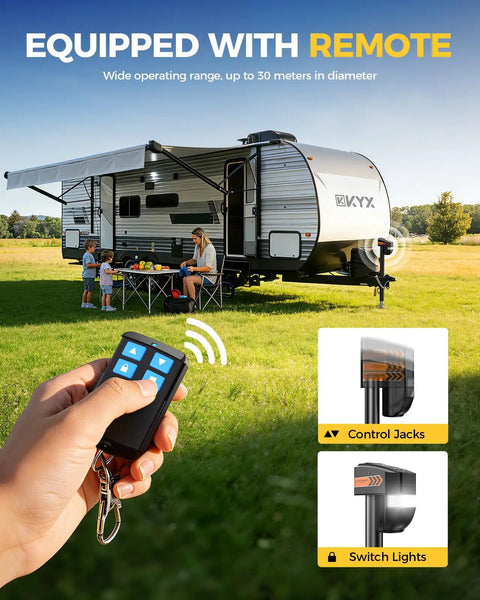 Electric Trailer Jack 5000Lb With Remote Control in use with RV on grassy field, showing remote control and jacks operation.