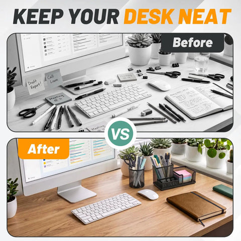 Before and after of desk with Four Pack Mesh Metal Pen Cup Desk Organizer Set With Two Three Compartment Pencil Holders And Two Round Holders